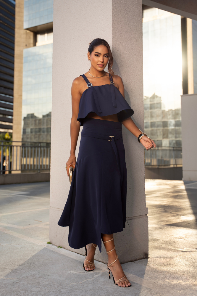 Conjuto Top Alça Regulavél Saia Godê Cinto Dinah